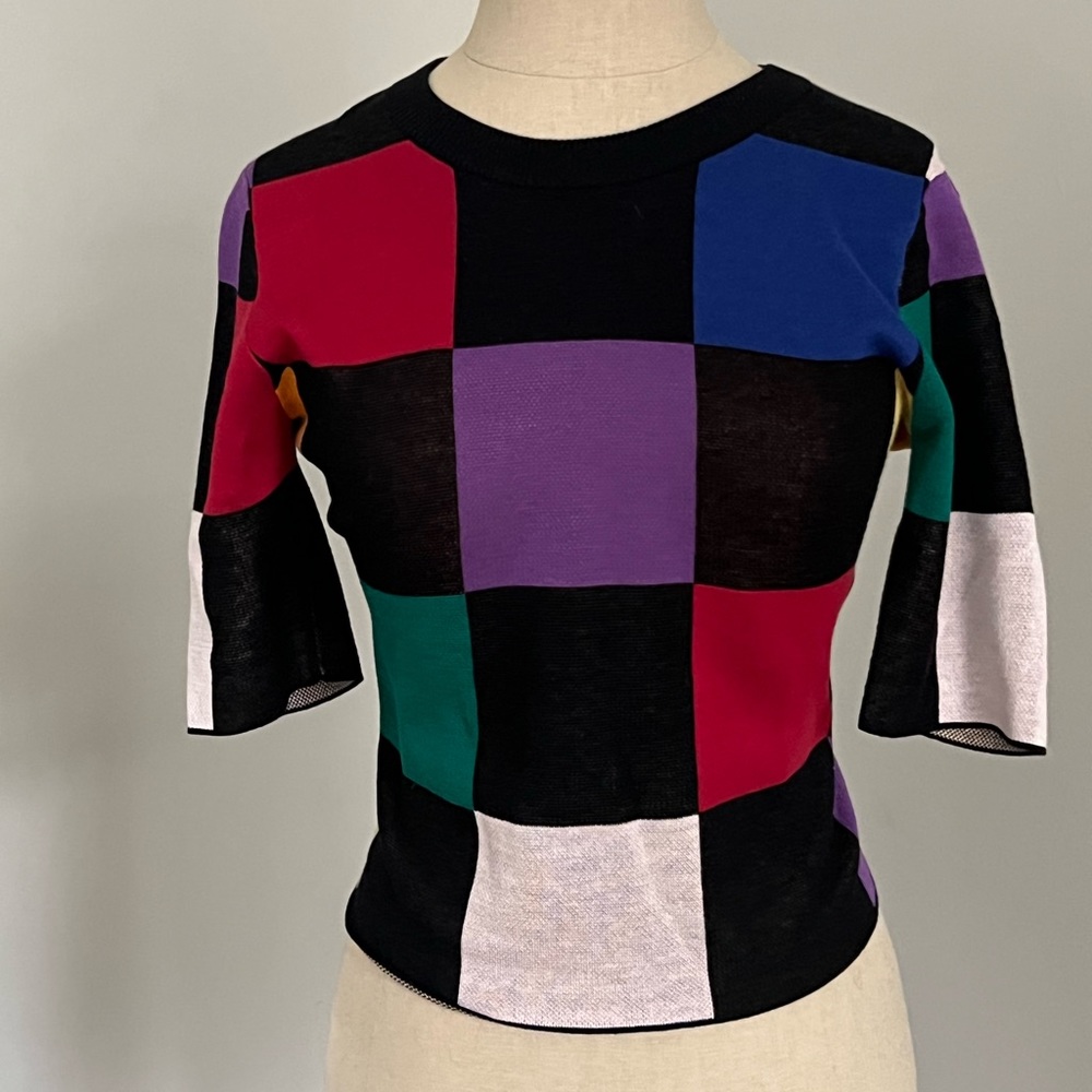 Staud Multi Color Checked Knit Top